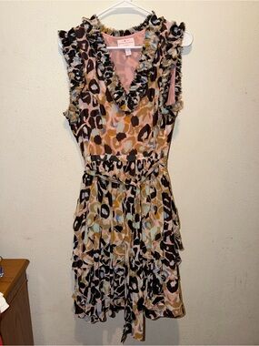 Matthew Williamson Pink and Black Ruffle V-Neck Midi Dress